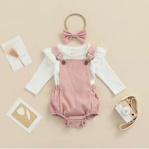 3Pcs Infant Corduroy Overall Romper, Ruffle Shoulder Long Sleeve Shirt Headband